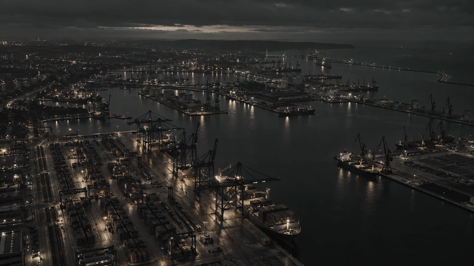 Nocna panorama portu widziana z lotu ptaka — nabrzeża, dźwigi i światła terminali.
